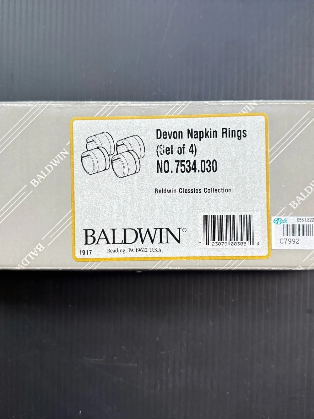 VTG BALDWIN BRASS DEVON NAPKIN RINGS SET OF 4 ORIGINAL BOX GORGEOUS